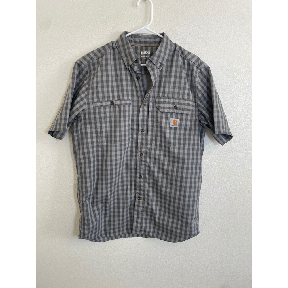 Carhartt Force Relaxed Fit Mens Medium Short Sleeve Gray Plaid Button Up Shirt